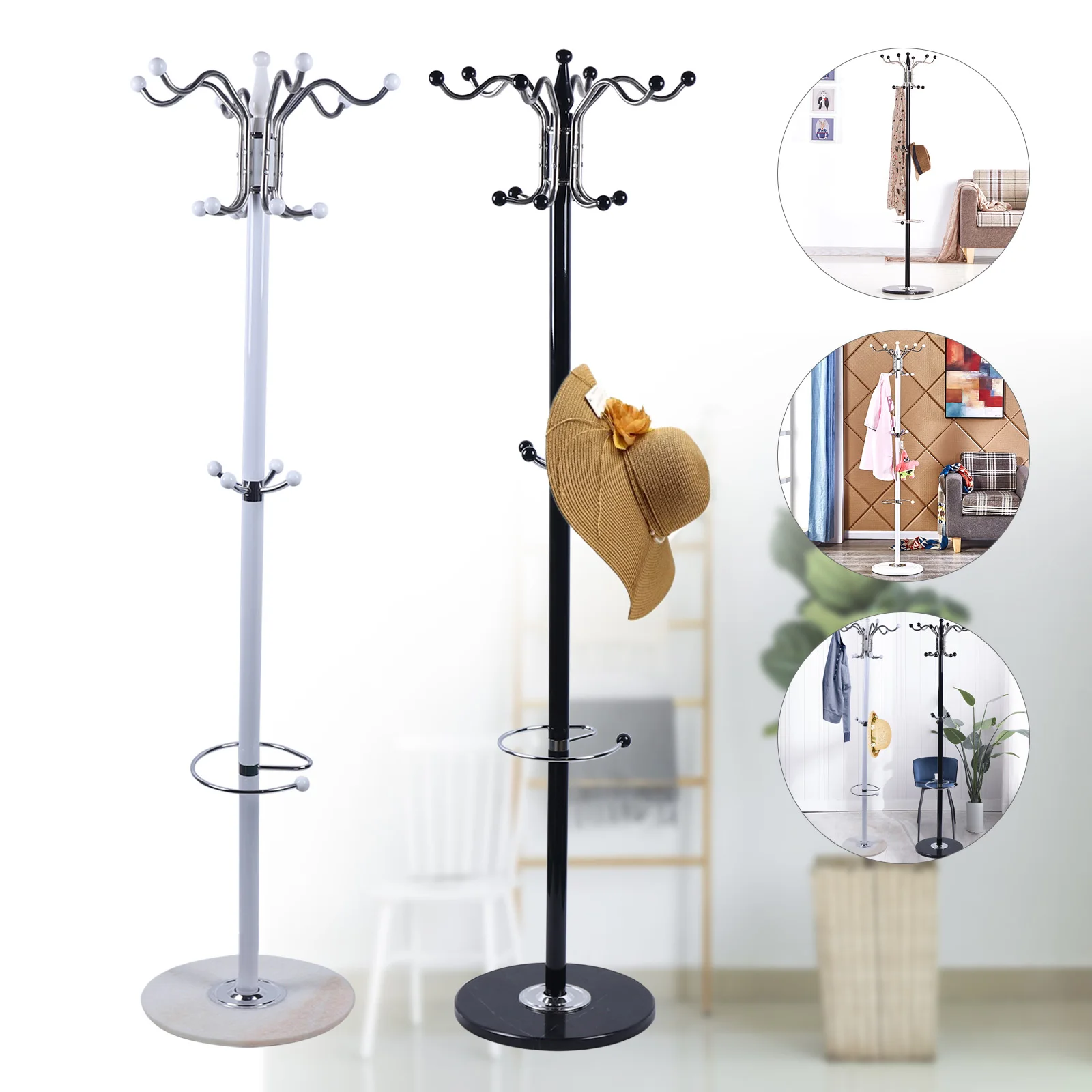 Metal Coat Rack Tree Stand Clothes Hat Bag Hanger Umbrella Holder Home 16 Hooks White/Black