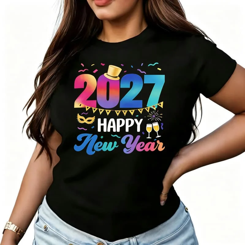 Happy New Year 2027 Women's T-Shirt 100% Cotton Funny Graphic Short Sleeve Tee Novelty Shirt Casual Crew Neck Top S-5Xl