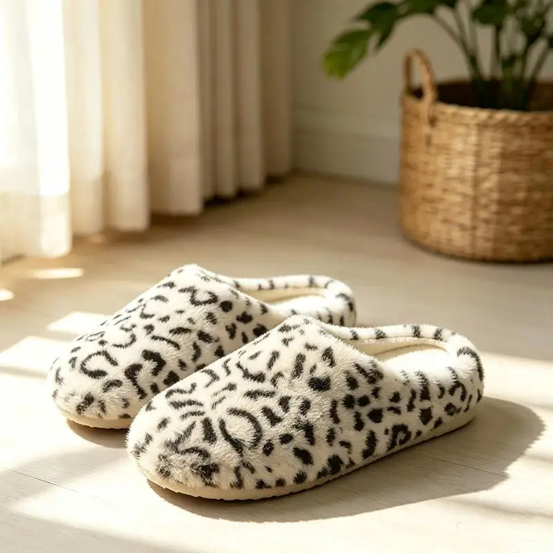Modische Leoparden-Kunstfell-Hausschuhe für Damen Winter 2026 Weiche Flache Sohle Warme Plüsch-Hausschuhe Übergrößen Damen Flauschige Pantoletten – Detail 8