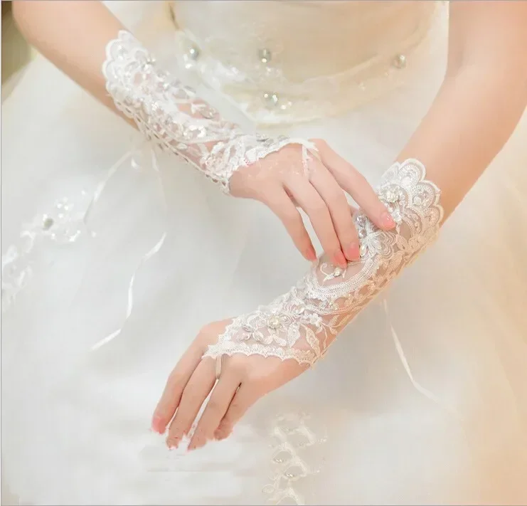 White Fingerless Rhinestone Lace Bridal Wedding Gloves Wedding Accessories