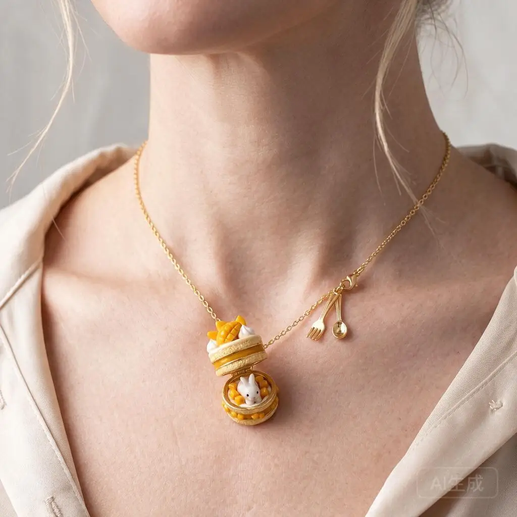 Cute 3d Openable Fruit Cake Bunny Pendant Necklace Gold Plated Brass Clavicle Chain With Mini Fork Spoon Charms Gift For Women
