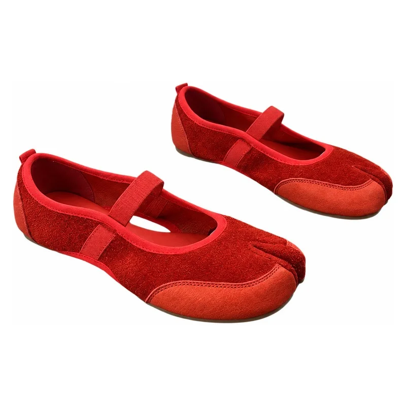 Women's Split Toe Mary Jane Shoes Red Ballet Flats Elastic Strap Slip On Casual Flat Shoes