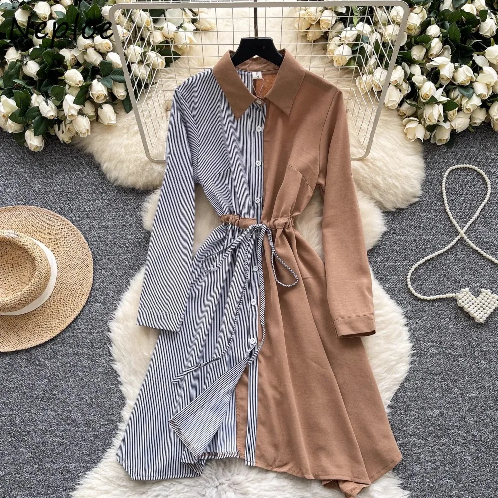 

Neploe Korea Chic Advanced Light Luxury Shirt Dress Irregular Panelled Lace Up Patchwork Robe Commuter Elegant Mid-length Mujer