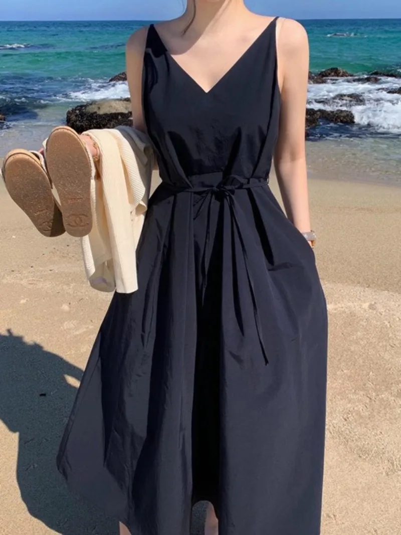 

Chic Style Strap Dress Women's Summer V-neck Lace-up Loose Holiday Beacha-line Long Dress Fashion Female Clothes