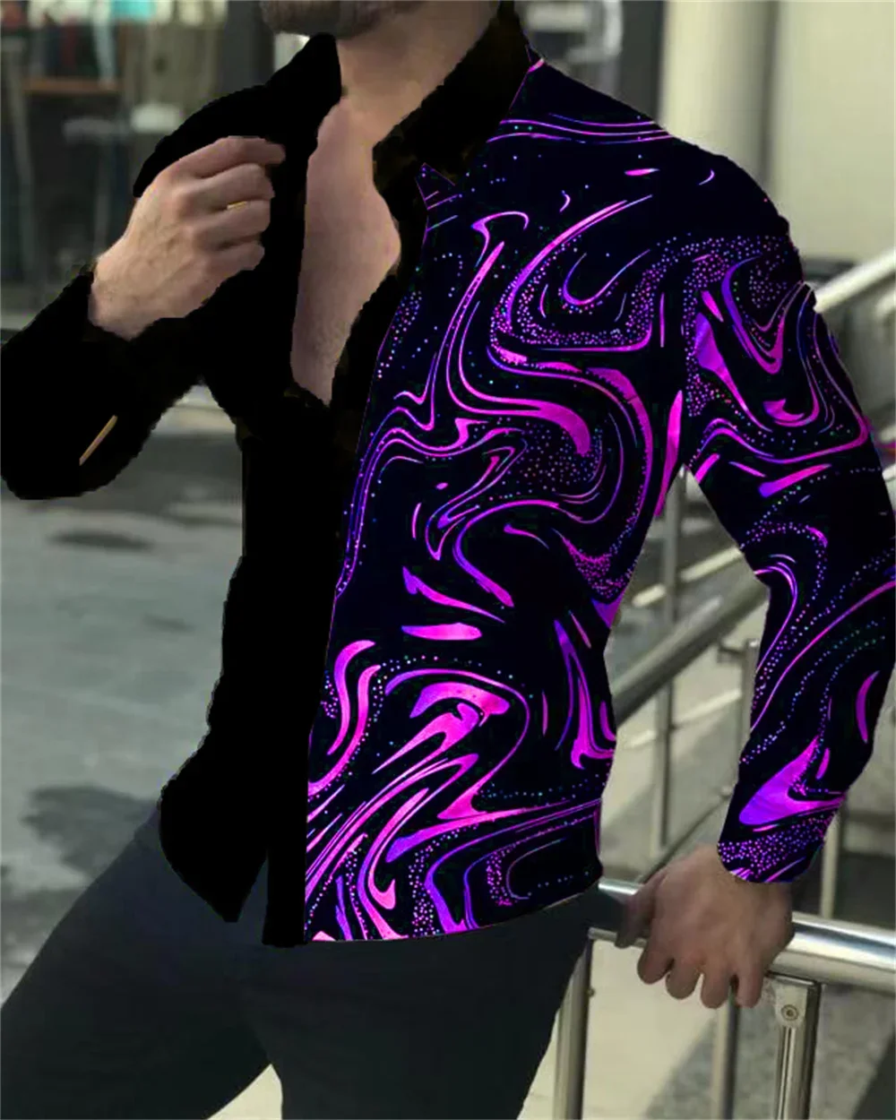 Men's Gradient Geometric Contrast Color 3D Printed Casual Long-sleeved Lapel Button Shirt Men's Slim Fit Simple Business Top