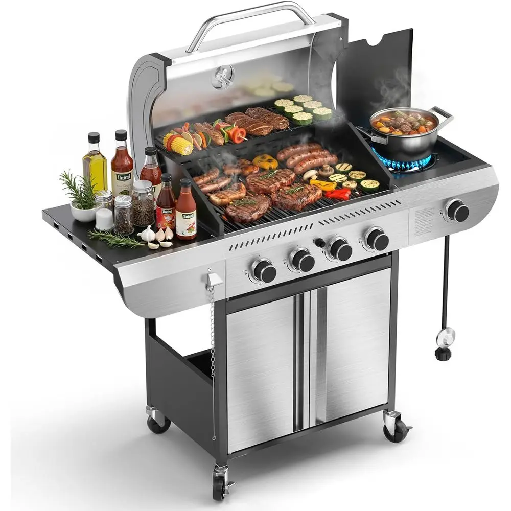 42,000 BTU 4-Burner Propane Gas Grill with Side Burner, Porcelain-Enameled Grates, Stainless Steel for Outdoor and Patio BBQ