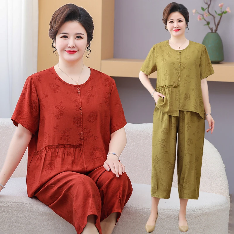 

8XL Women's Comfortable Soft Leisure Two piece Set New Cotton Hemp T-shirt+Pants Home Minimalist Vacation Summer Plus Size Set