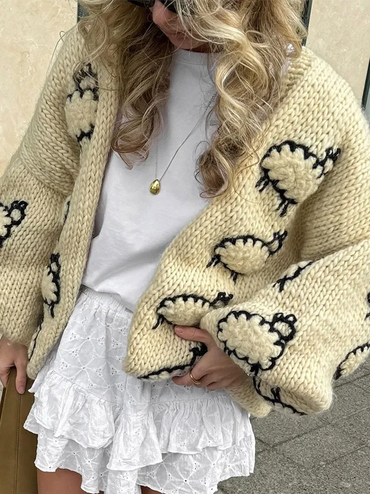 Women Casual Yellow Sheep Print Knit Cardigan Chic V-neck Loose Lantern Long Sleeve Sweater Coats Fall Lady High Street Knitwear