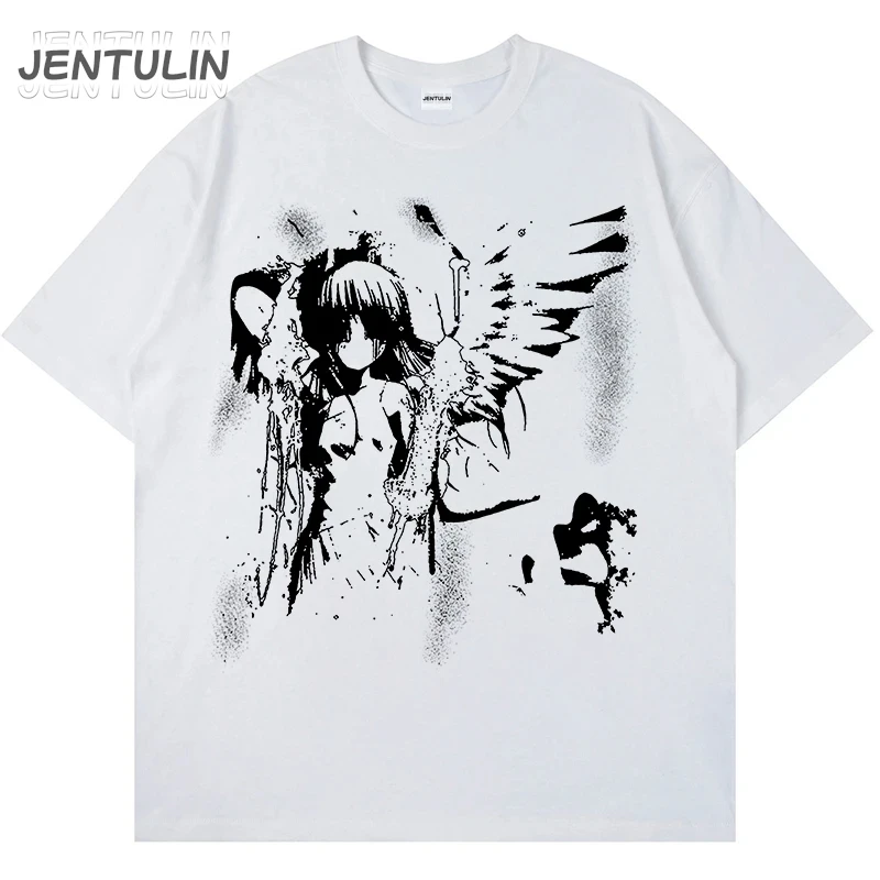 Harajuku Goth Men Japanese Anime Tshirt Cartoon Angel Wings Graphic T-Shirt 2024 Hipster Clothing Cotton Y2K Tops Streetwear Tee