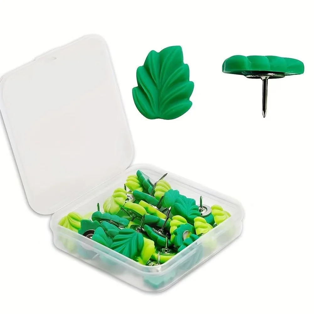 

50pcs Green Leaves Shape Plastic Push Pins Metal Plastic Colored Push Pins Colored Cute Decorative Studs School Stationery