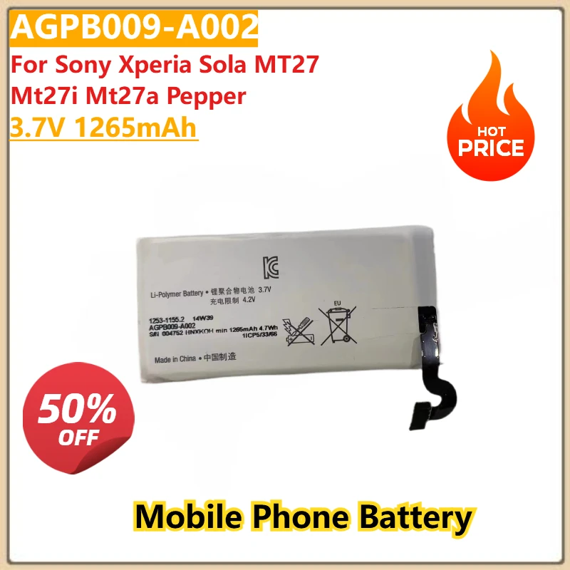 

100% New High Quality 3.7V 1265mAh Mobile Phone Battery AGPB009-A002 For Sony Xperia Sola MT27 Mt27i Mt27a Pepper