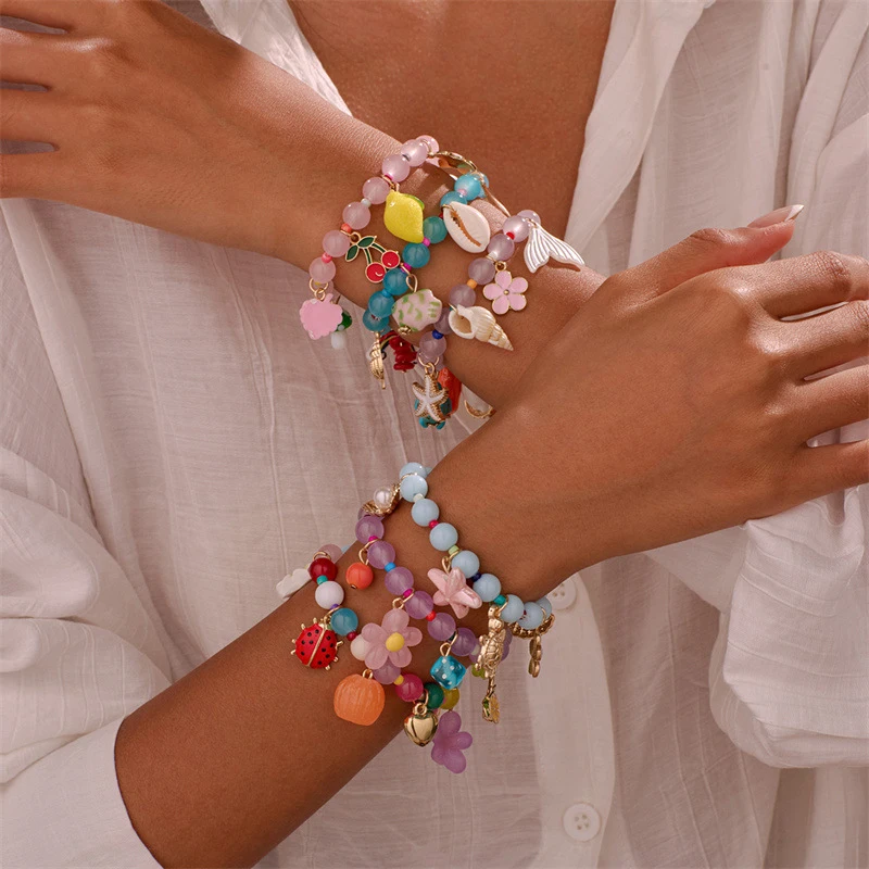 1pc Sweet Ocean Bracelet – Shell Charm with Crystal & Colorful Glass Beads, Summer Beach Jewelry.