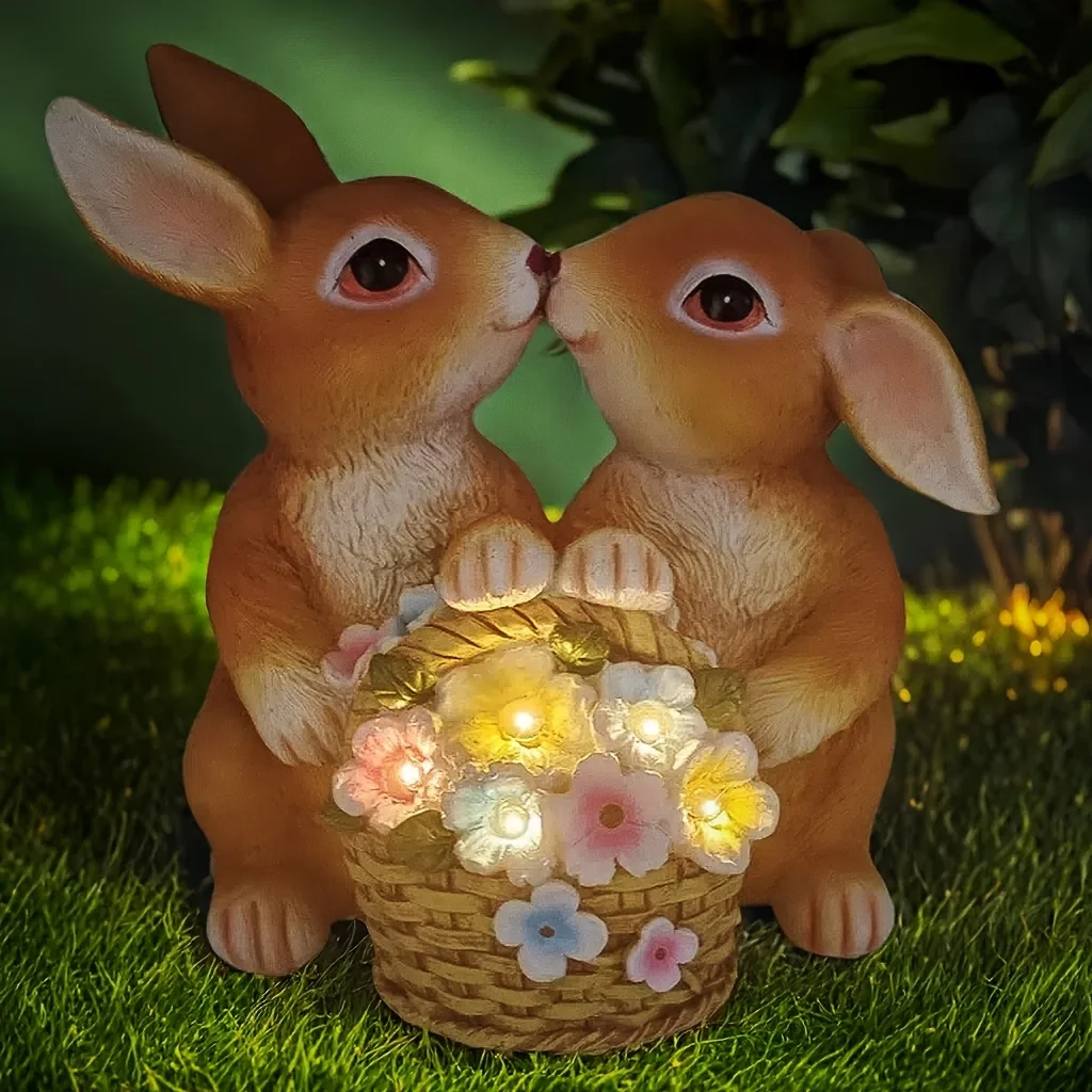 

Солнечная статуя для сада на открытом воздухе, садовая статуя кролика, солнечное украшение для улицы, садовая смола, жаккардовый поцелуй с двумя кроликами