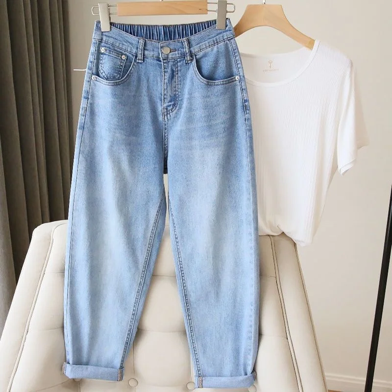 

Elastic Waist Jeans Women's Summer Thin Loose Straight Leg Harun Pants Korean Fashion Pantalon Women Clothing Pants Baggy Jeans