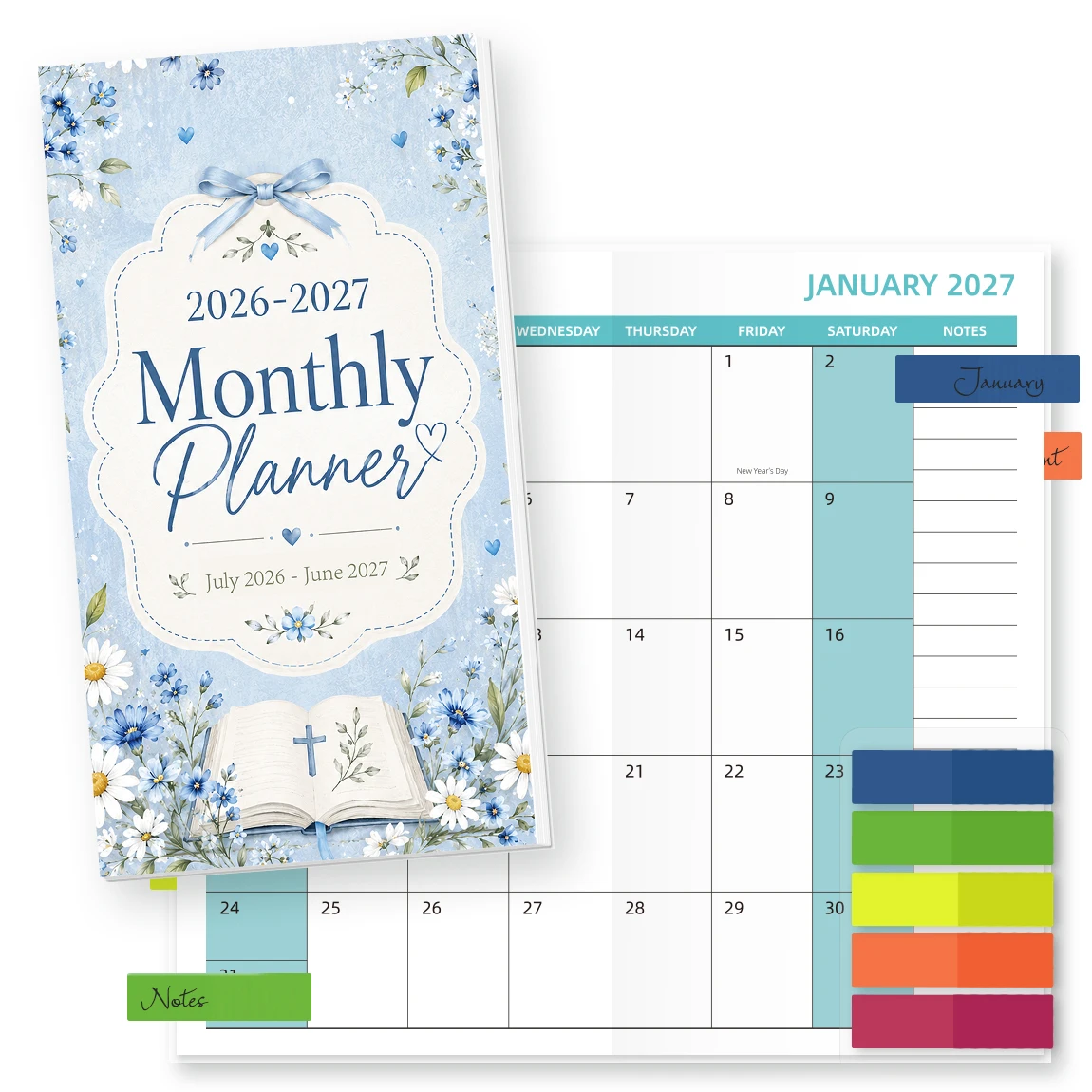 1 carnet de planification mensuelle A6, motif floral bleu clair, calendrier 2026-2027 avec autocollants ou onglets de classement, pour l'école et le bureau