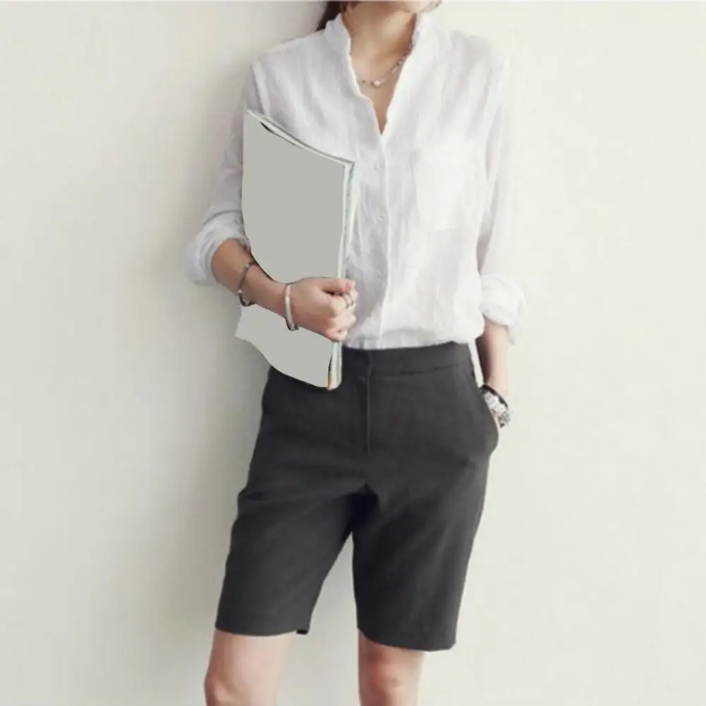 

Lightweight Women Shirt Loose Fit Women's Lapel Long Sleeve Shirt Single-breasted Patch Pocket Casual Workwear Women Solid Color