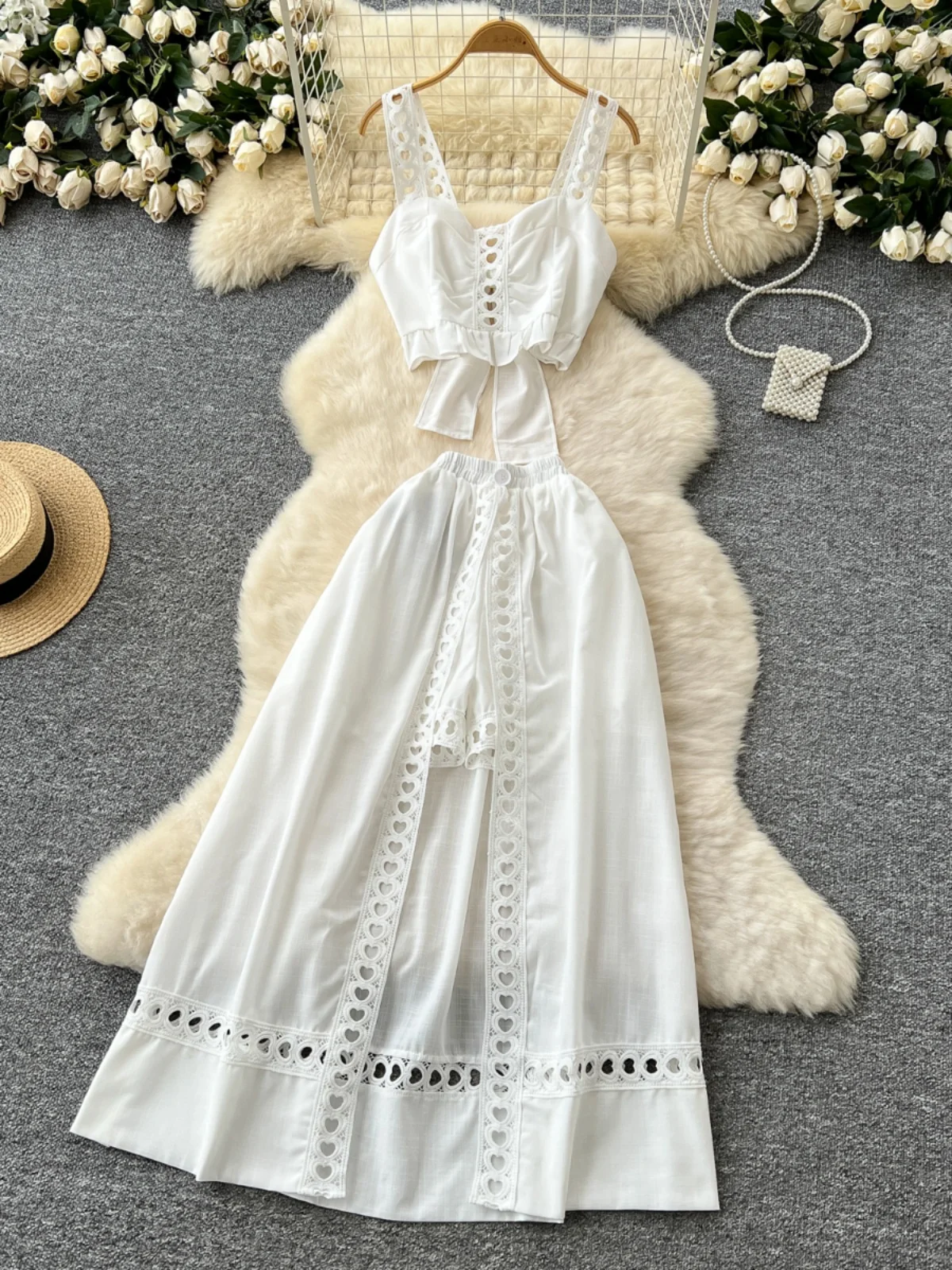 

Holiday Beach Split Skirt Women Two Piece Outfits 2025 New Fashion Corp Top and Long Skirt Summer White 2 Piece Sets Luxury