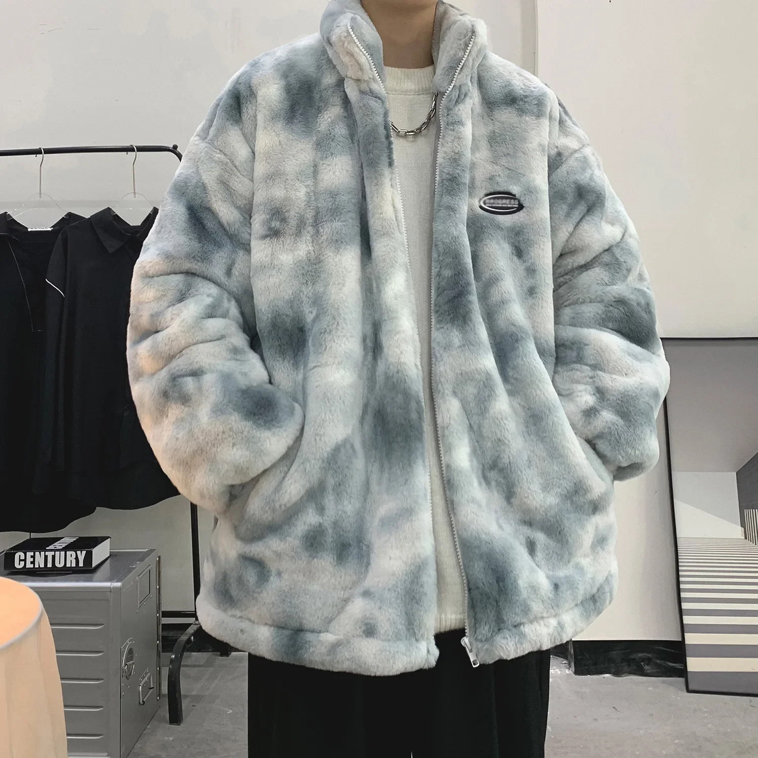 Lamb Wool Coat Men's Winter Loose Tie-dye Warm Winter Cotton-padded Clothes Piled Thickened Cotton-padded Clothes Ins