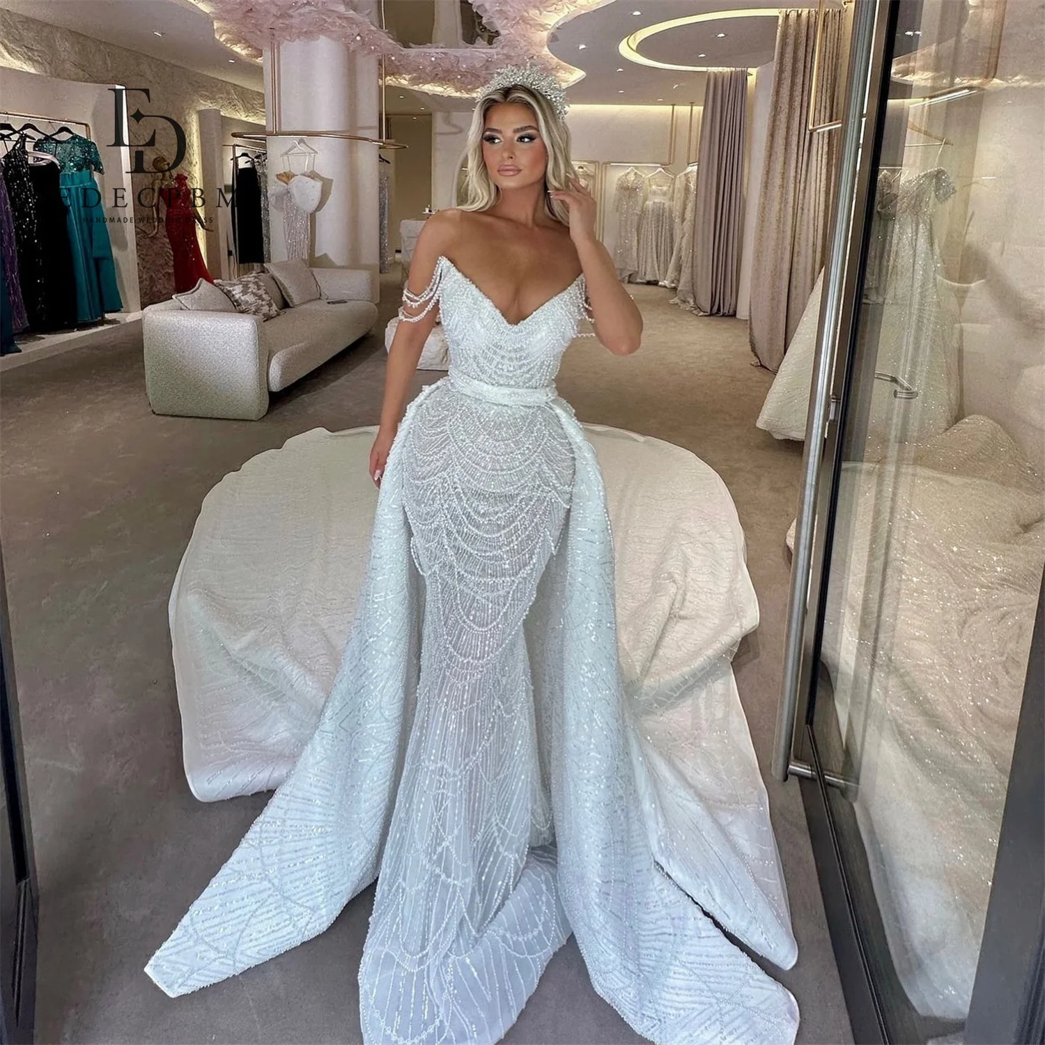EDECPBM 인어 스타일 우아한 여성 웨딩 파티 드레스 비즈 맞춤형 이브닝 드레스