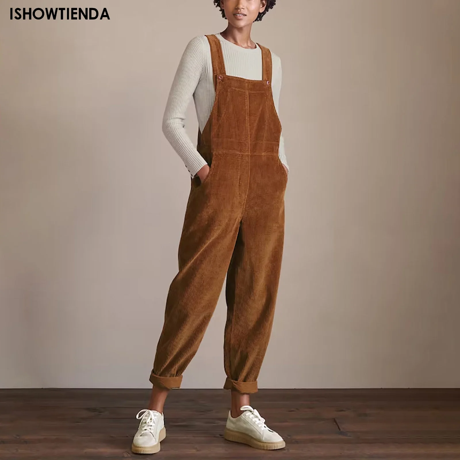 

Vintage Corduroy Jumpsuits Women Casual Straps Suspender Overalls Autumn Rompers Solid Wide Leg Playsuits 2023 Macacão Feminino