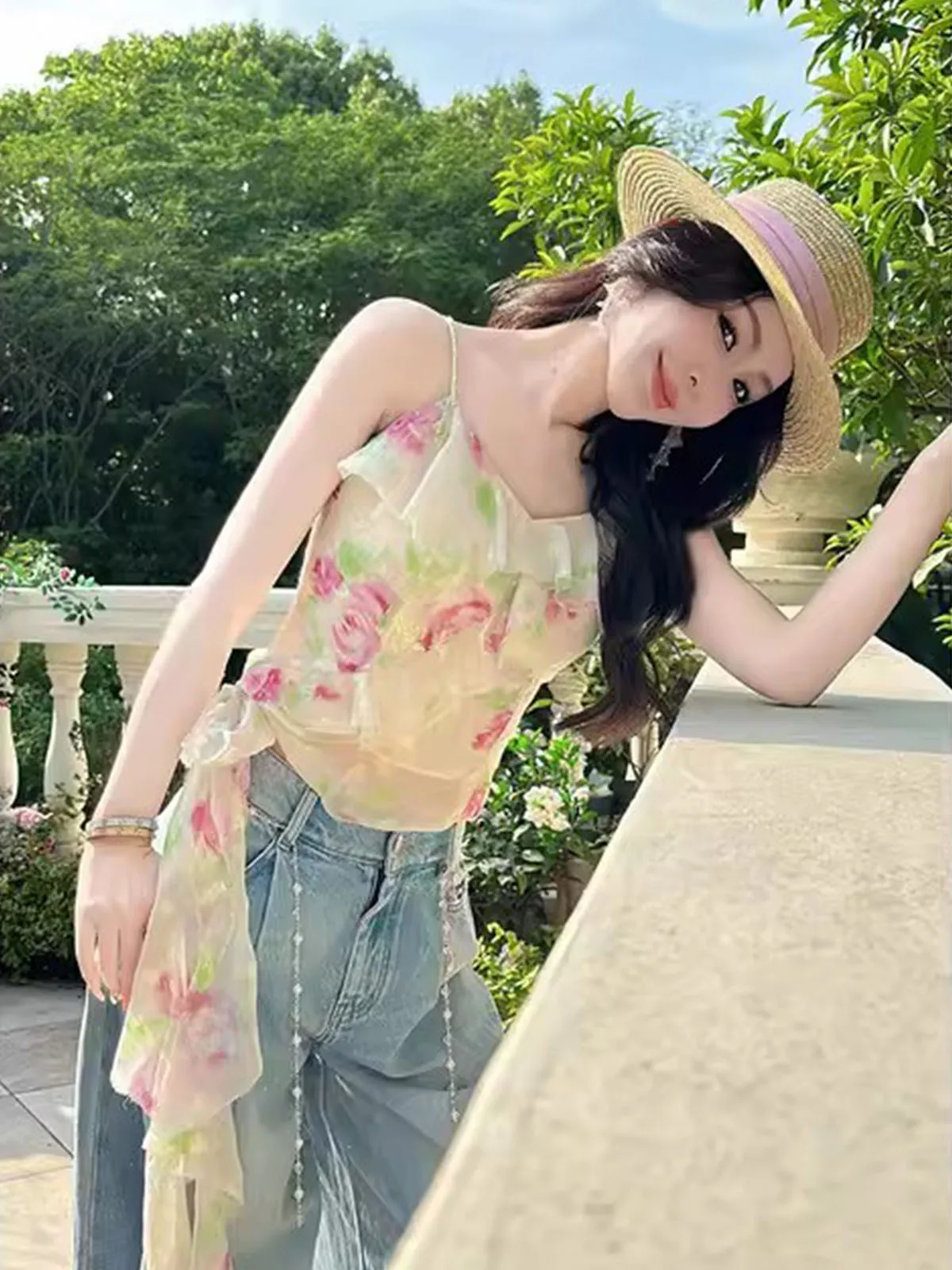 

Romantic Print Sexy oulder Bared Beaded Strap Top Ele Sle Polyester Fiber Women's Outerwear ort Length Spring Season