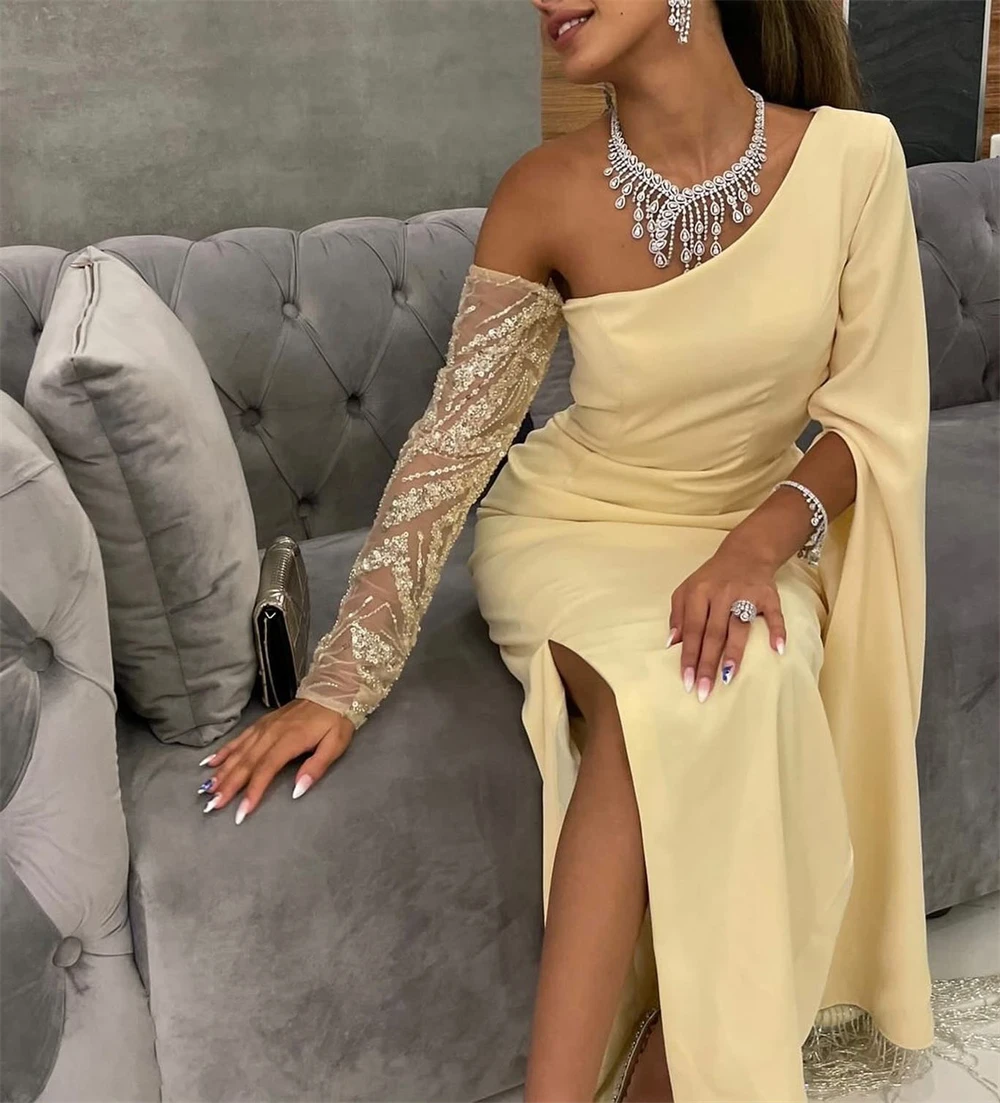 맞춤형 순수 한 어깨 발목 길이 a 라인 이브닝 드레스 패션 새틴 긴 소매 특별 행사 가운 섹시한 드레스