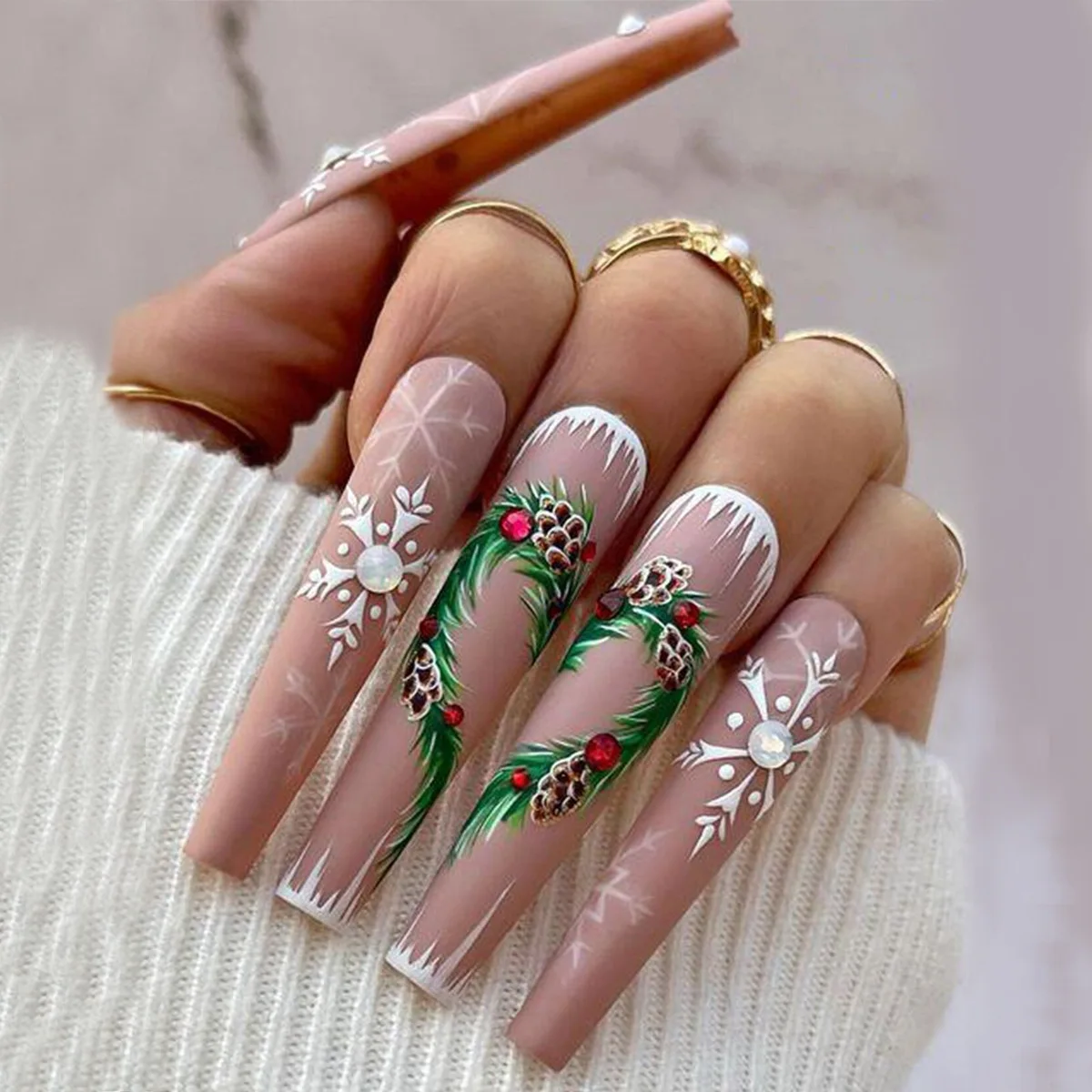 

Christmas Nail Art Long Nail Art With Diamond Stickers Peach Heart Nail Pieces Wholesale Fake Nails Snowflakes Christmas