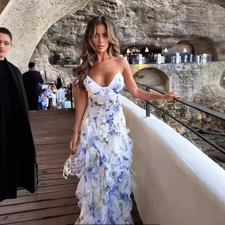 Abito maxi aderente in chiffon con fiori senza schienale con scollo a V sexy delle nuove donne estive Abito maxi con volant da spiaggia con taglio celebrità diviso
