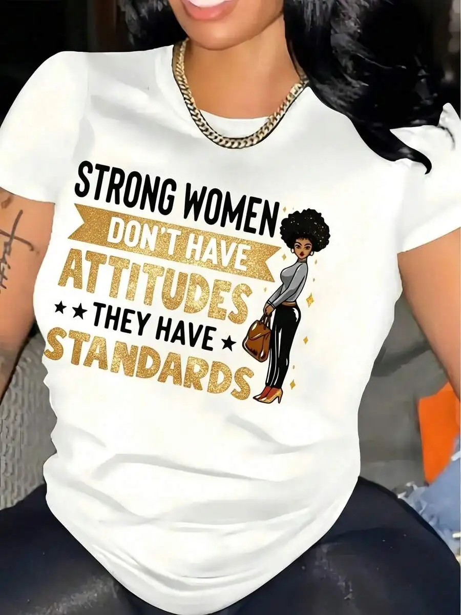 1pc Women' Strong Women Standards Print White TShirt, Crew Neck, Casual Cotton Tee Medium Stretch Knit Fabric, Regular Fit For Female Ladies  Oversize