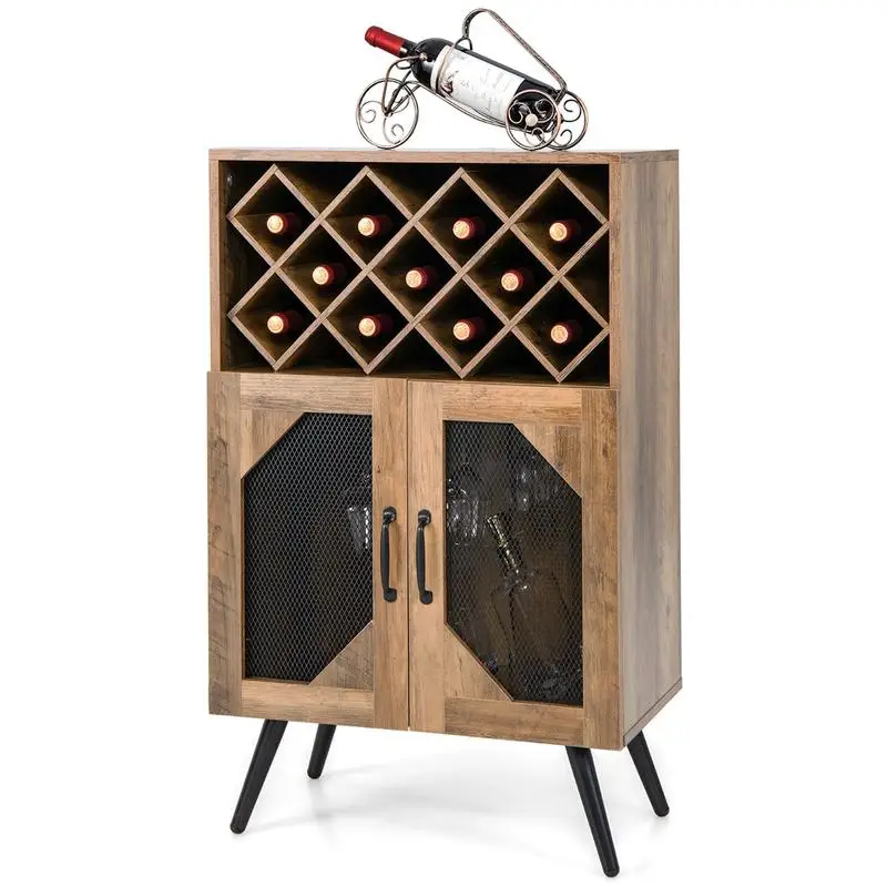 

2-Door Farmhouse Kitchen Storage Bar Cabinet with Wine Rack and Glass Holder-Rustic Brown
