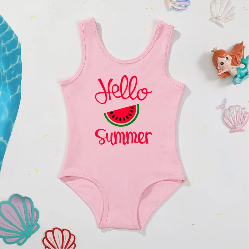 Hello Summer & watermelon Pattern Print Kids Girl costume da bagno One Piece Girls Swimwear Casual Girls Summer Swim Clothing Outfit