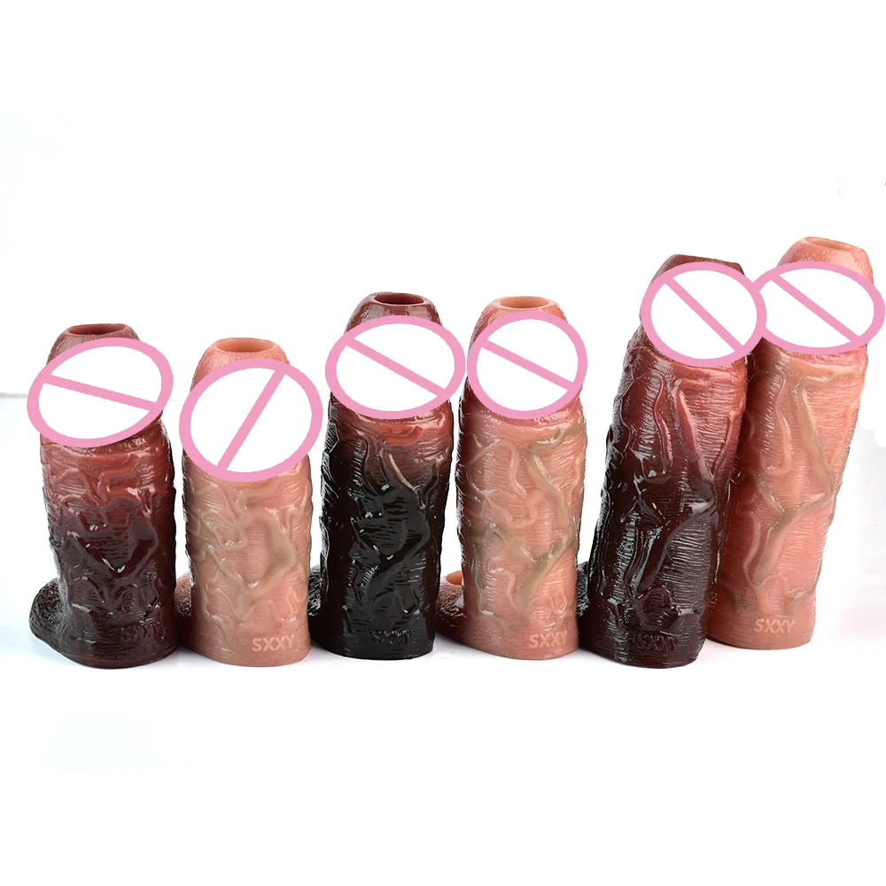 SXXY Three Styles Two Colors Realistic Penis Sleeve Reusable Cock Cover For Men Delay Ejaculation Dick Enlargement Adult Toy