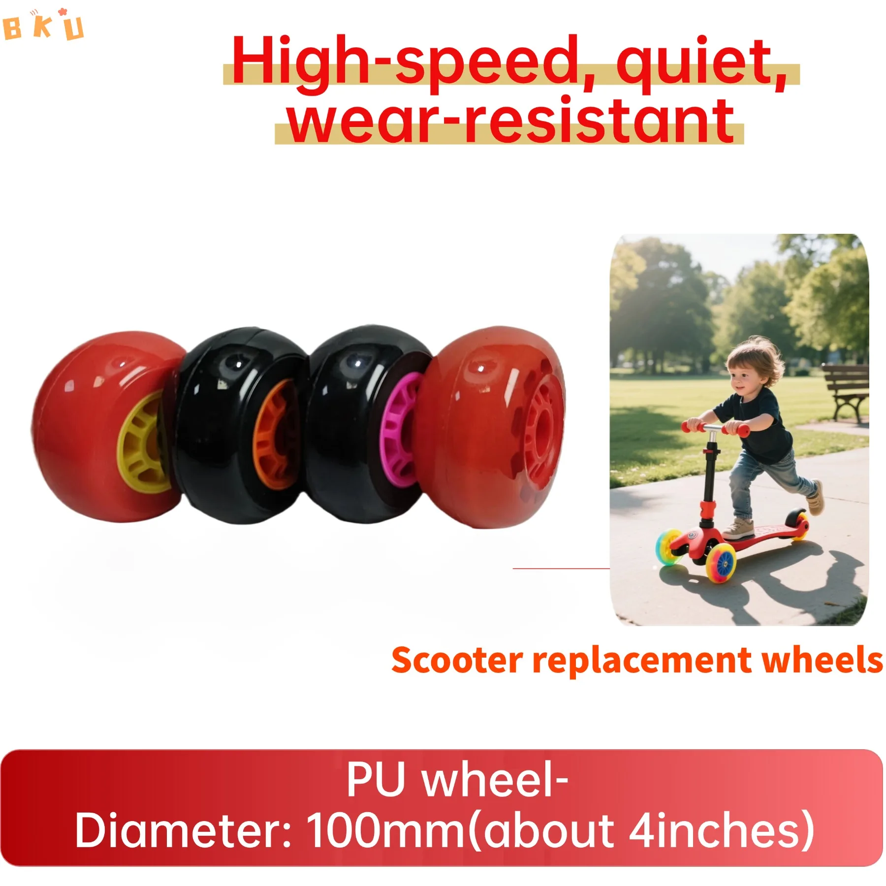 2 Piece Kids Scooter Rear Replacement Wheel - 100mmx48mm, Thickened PU, High Elastic & Mute, with Bearings