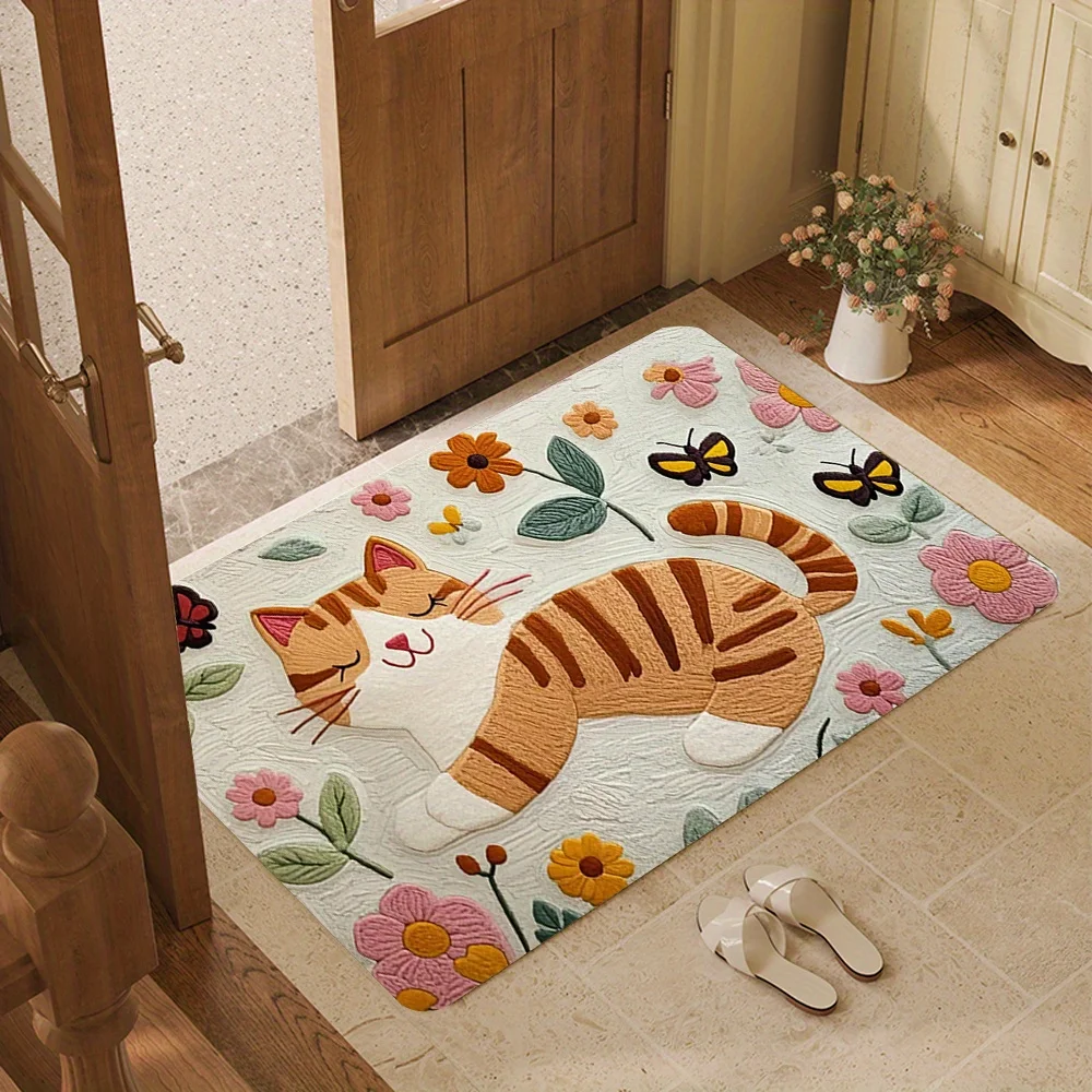 Niedliche schlafende Katze, florale Flanell-Fußmatte, rutschfest, saugfähig, maschinenwaschbar, Teppich für Eingangsbereich, Badezimmer, Küche, Heimdekoration, Geschenk