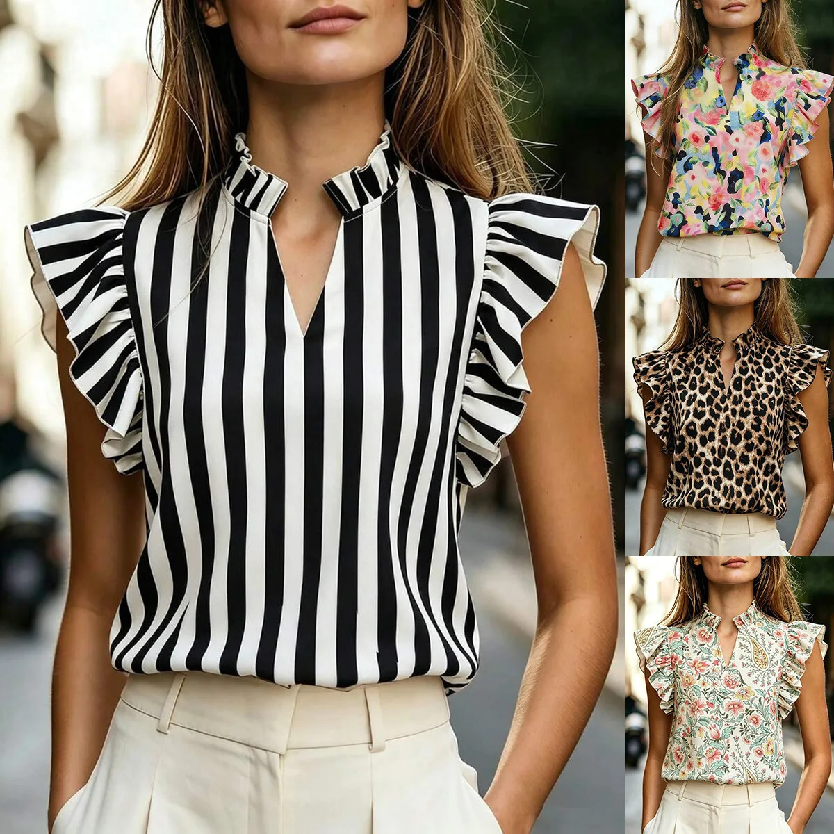 

2026 New Style Ruffle-Trim Printed Sleeveless Shirt Minimalist Versatile Top For Women