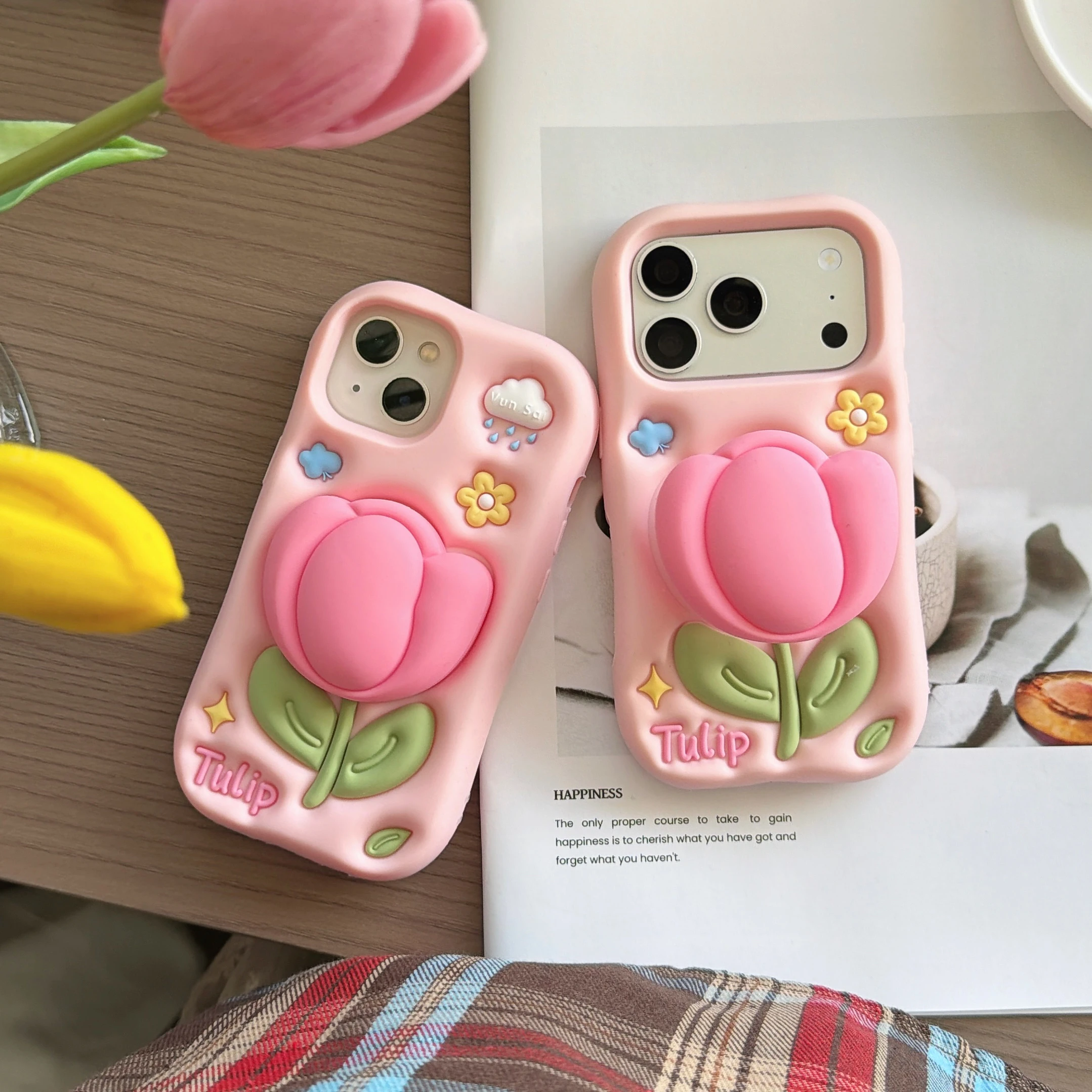 

Telescopic Bracket Tulip,3D Cute Cartoon Soft Silicone Case Phone Back Cover For iPhone 13 14 15Pro 16 Promax 17Promax, Pretty