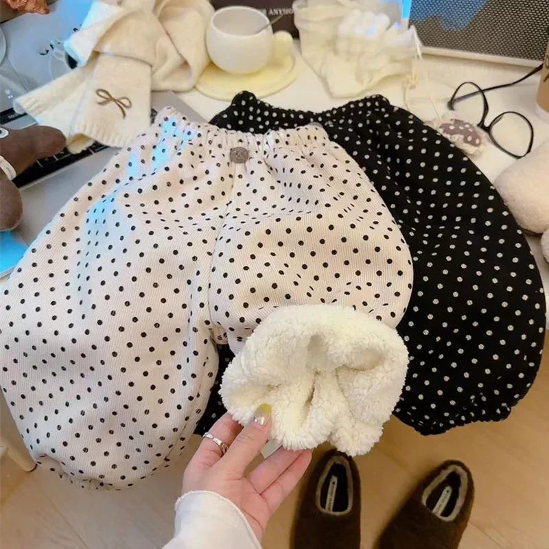 Winter Children Thick Plush Pants Clothing Fashion New Boys Kids Warm Sports Trousers Floral Polka Dot Girls Baby Casual Trouser