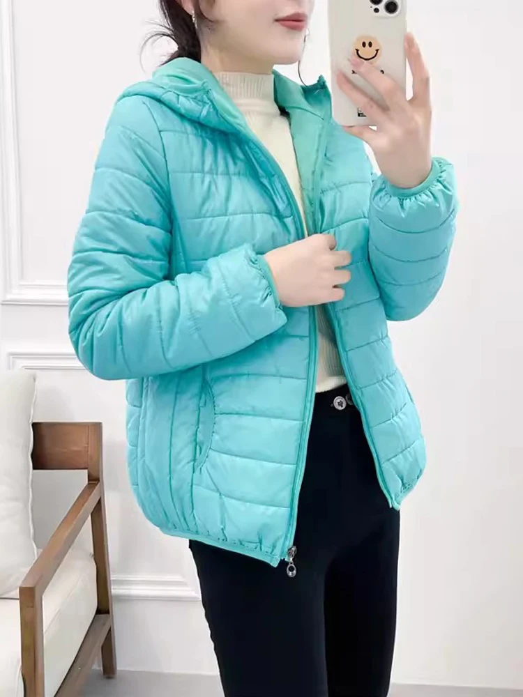 Minimalist Light Weight Women Down Cotton Jackets 2024 New Winter Korean Style Hooded Quilted Parkas Female Windbreaker Outwear