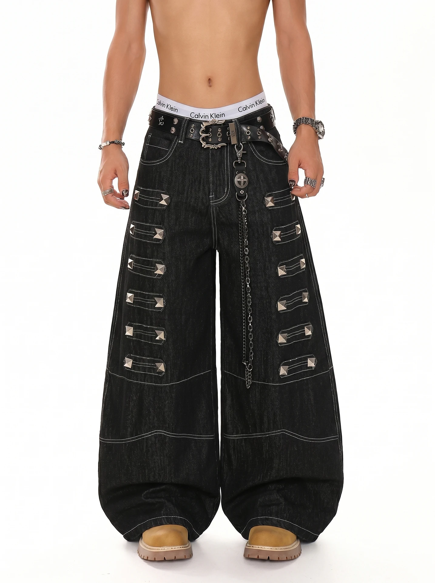 

Retro American High Street Style Men's Loose Straight Leg Jeans Rivet Trendy Brand Summer Casual Comfortable Classic Blue
