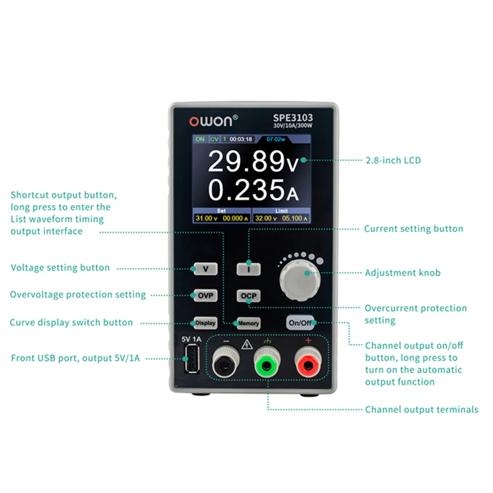 OWON SPE3103 30V 10A DC Regulated Power Supply Stabilized Constant Voltage Current Output Low Ripple USB Switching Power Supply