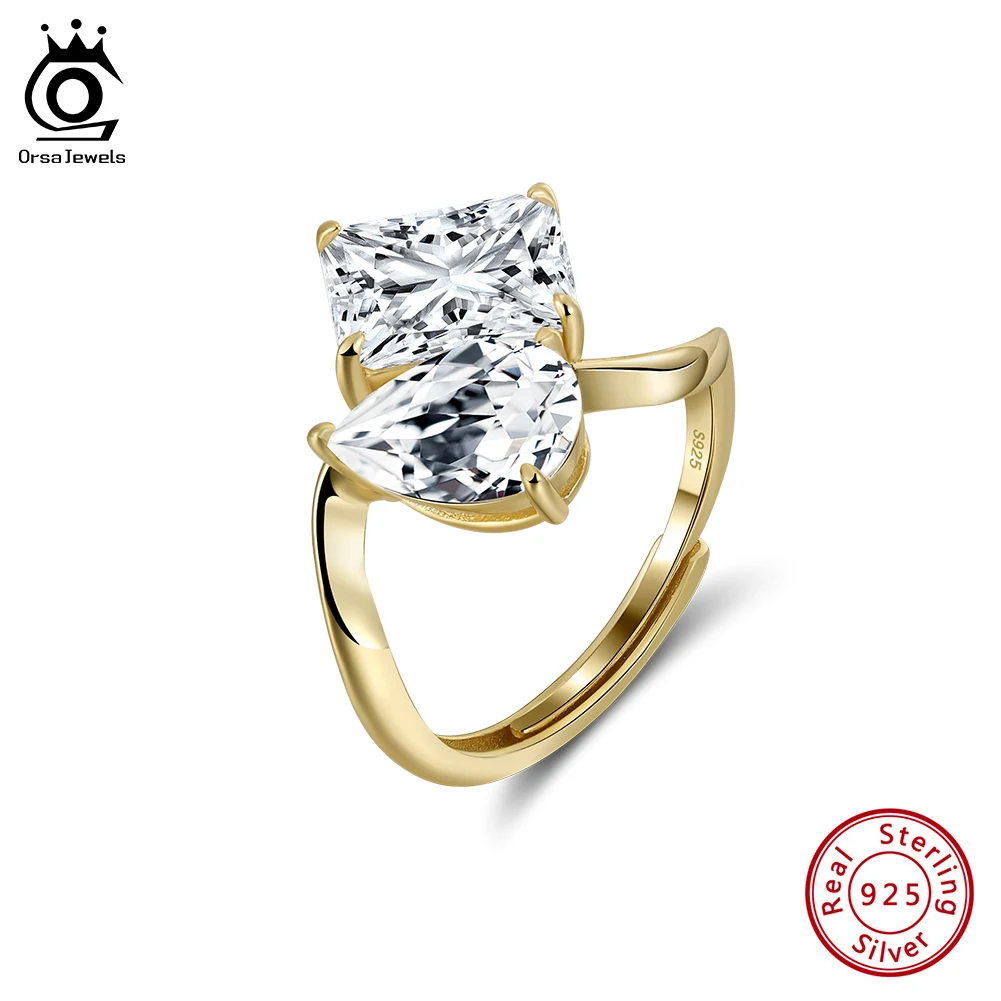 

ORSA JEWELS Original Double 8A Premium Cubic Zirconia S925 Open Ring Luxury Adjustable Sparkling Finger Jewelry For Party LZR42