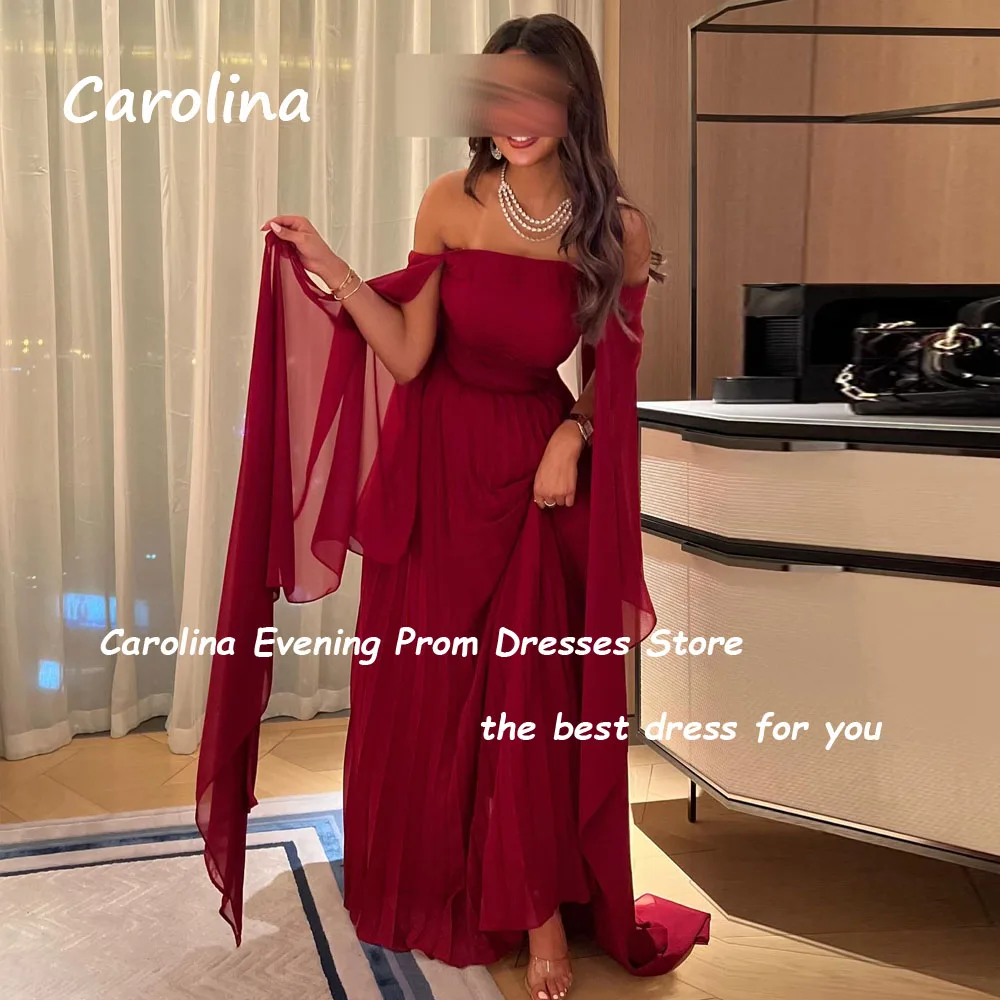 Carolina Slim Off The Shoulder Pleated Chiffon A-Line Prom dress 2024 Long Sleeve Floor-Length Formal Evening Dress