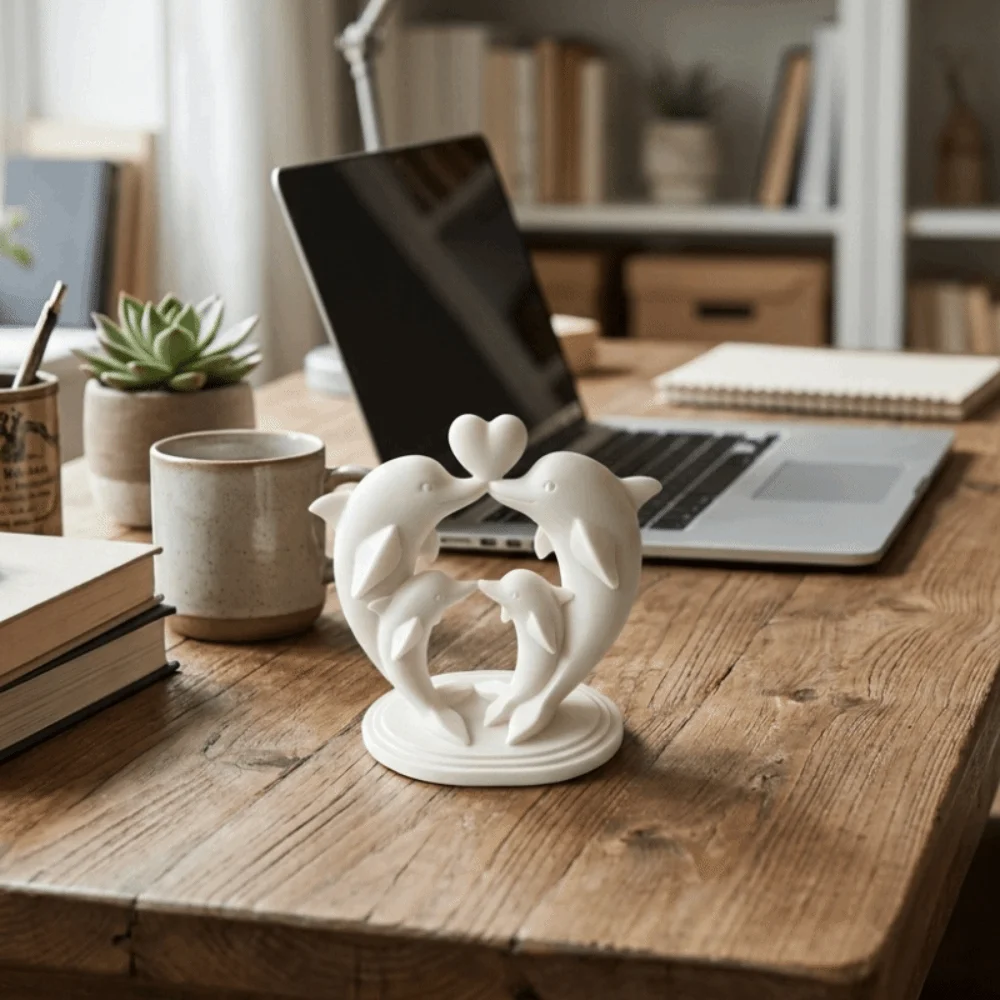 Heart-shape 3D Printed Dolphin Statue Smooth Curved Plastic Dolphin Desktop Ornament Cartoon