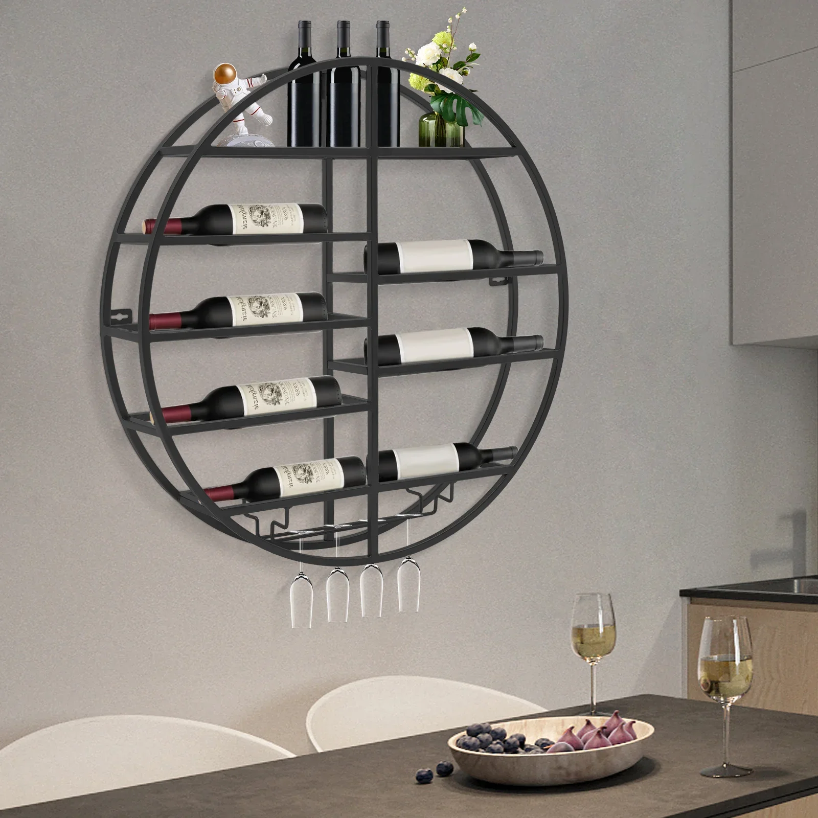 

Настенная круглая полка для вина, черная железная полка для вина с 4 держателями для стекла, органайзер для хранения для кухни, бара, столовой