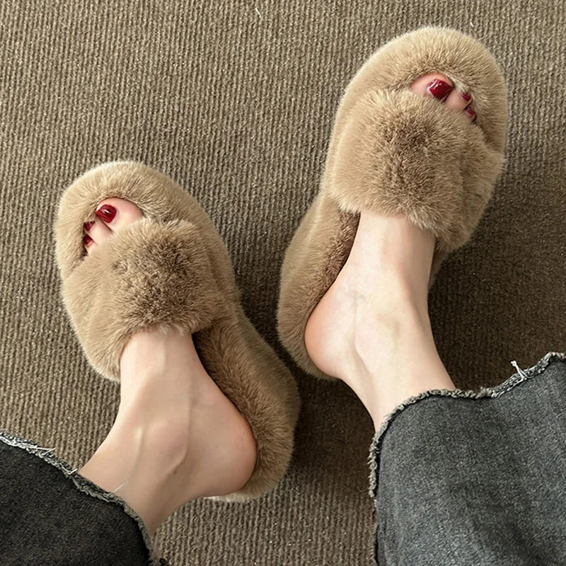 Autumn Winter Wedge Fluffy Slippers Woman 2023 New Home Fur Slippers for Women Chunky Platform Slides Cozy Fuzzy Indoor Shoes