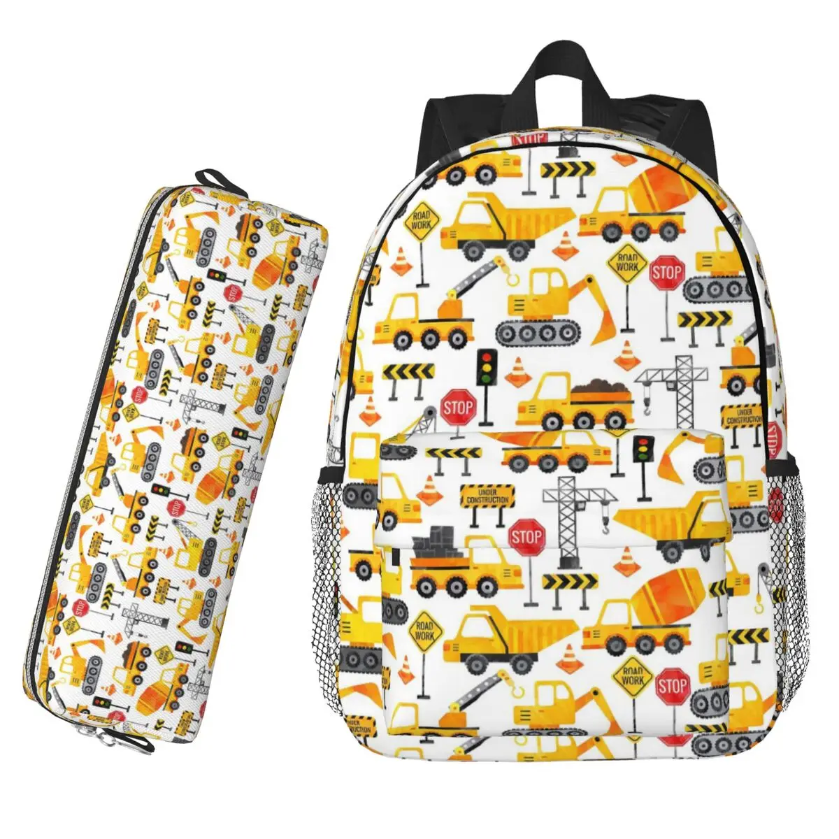 

Road Work Watercolor Construction Vehicles Backpack Hot Sale Boys Girls BookBag Shoulder Bags for Kids School Bag Pencil Case