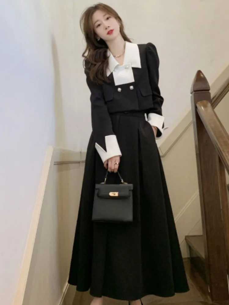 New Autumn Solid Skirt Suits Women Elegant Long Sleeve Short Coat Chic Midi Skirts 2 Pieces Set Female Fashion Party Outfits