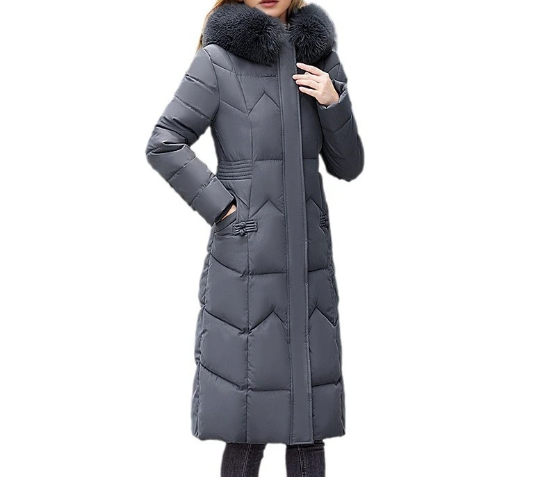 2025 Winter New Fashionable Cotton Clothing Women's Long Style Waist Over Knee Thickened Big Wool Collar Coat