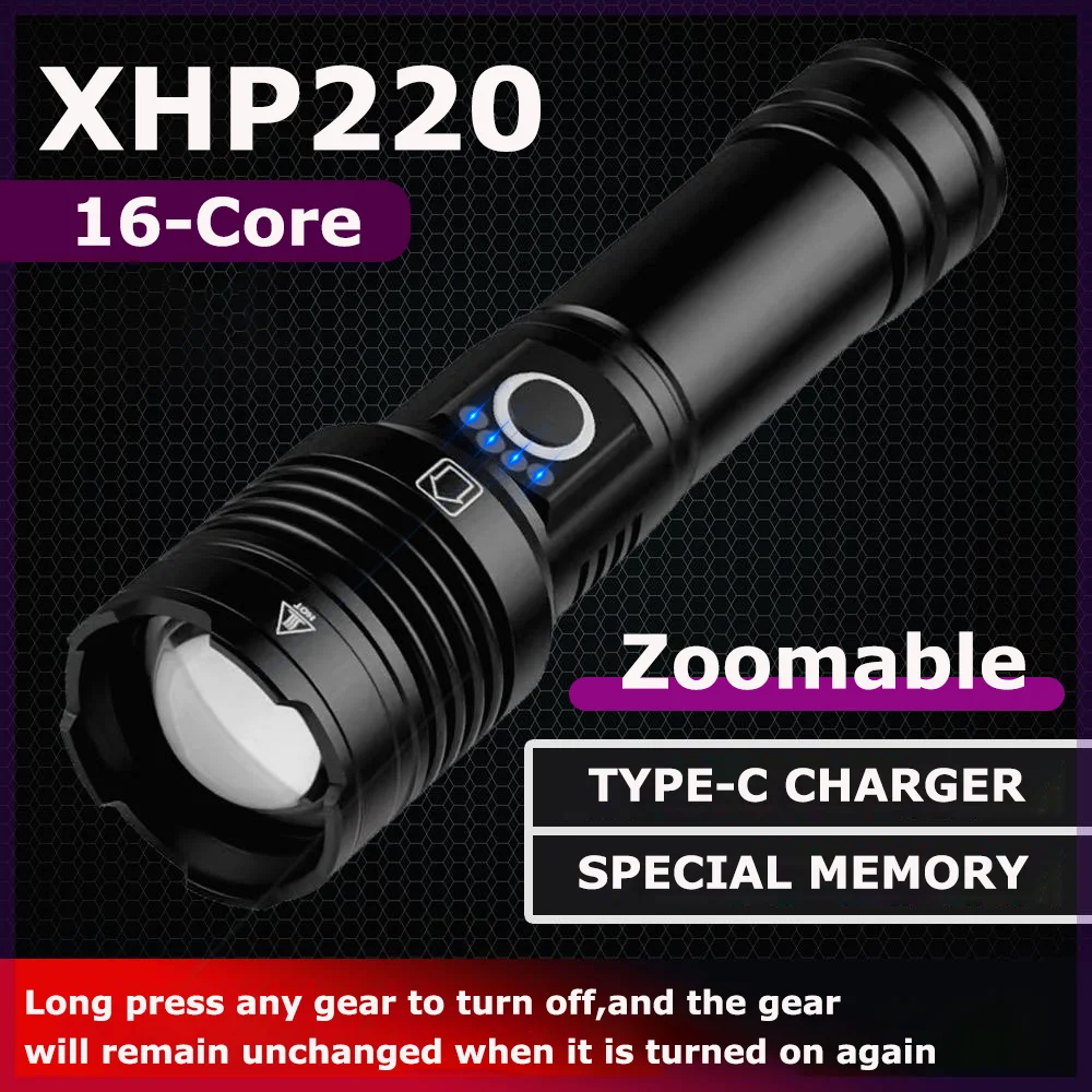 

NEW High Power LED Flashlight XHP220 Super Bright 5200mah TYPE-C usb Rechargeable Torch 26650 Zoom Flash Light Hunting Lantern