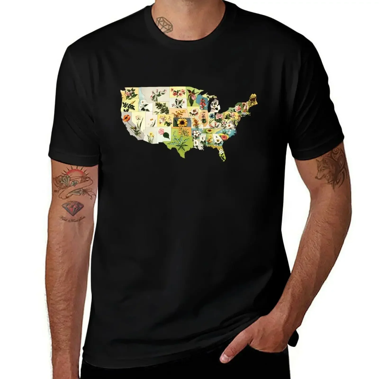 Vintage United States Flowers T-Shirt Big Size Simple T-Shirt(4XL 5XL 6XL No Shipping)